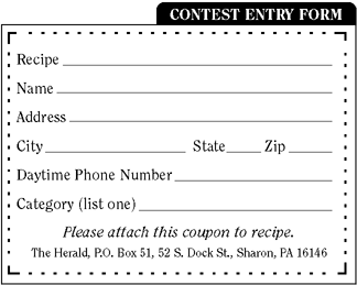 ENTRY FORM: SEND recipe, name, address, city, state, zip, daytime phone, category; attach to recipe