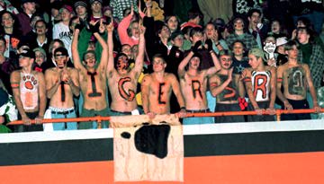 Fans in stands without shirts